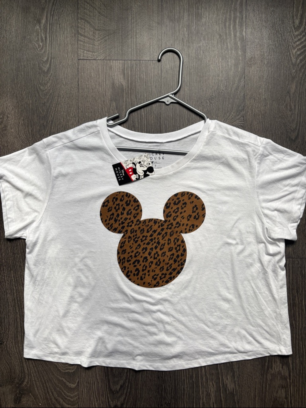 Disney Mickey Mouse White Tee with Brown Leopard Mickey Silhouettee